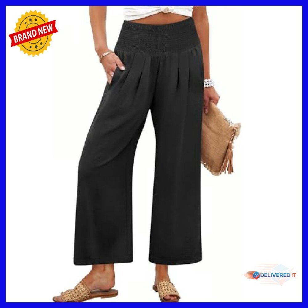 Wide Leg Palazzo Pants High Waisted Flowy Casual Trousers with Pockets - Picture 2 of 8